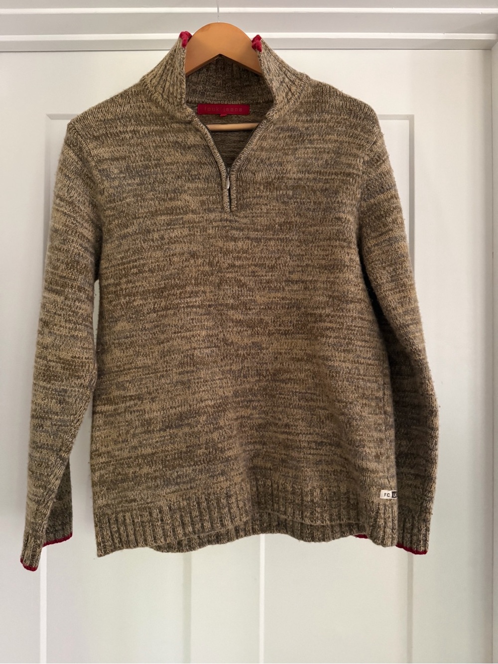 FCUK French Connection Wool Blend Heathered Brown Quarter Zip Sweater Size M